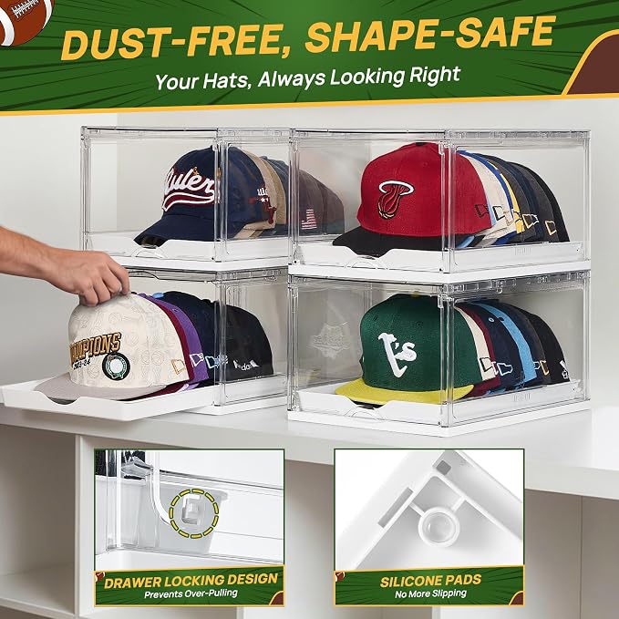 Vtopmart 6 Pack Stackable Baseball Caps Organizer, Each Holds 12 hats | with Sliding Drawer, Magnetic Door, Stackable, Transparent