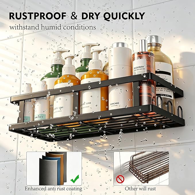 Youvip Black Shower Caddy 6 Pack, No Drill Rustproof Adhesive Shelves | Black Finish, 6-Piece Set, No Drilling, Rust Resistant, Large Capacity, 6 Adhesives, 24 Built-In Side Hooks
