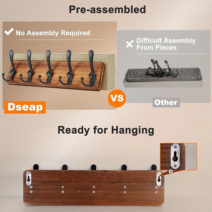 Coat Rack Wall Mount - Heavy-Duty Robust Barnwood-Style Wooden Wall Coat Hanger Hook Rail with 5 Triple Hooks for Winter Coats Hat Jacket Clothing, Weathered Brown & Black