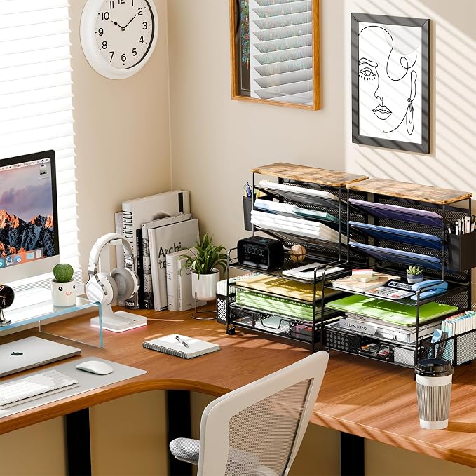Ekisemio 8 Tier Desk File Organizer with Sliding Drawer, Desktop Organizers and Accessories, Letter Size File Organizer for Desk, Black