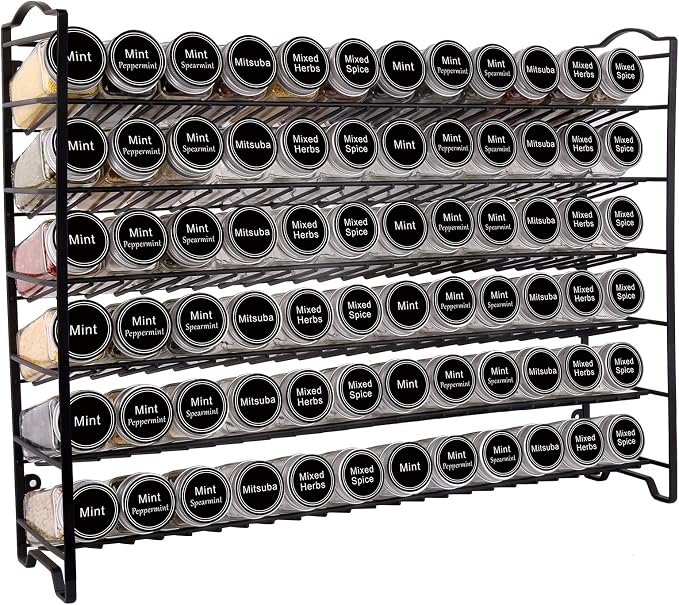 SWOMMOLY Spice Rack Organizer with 72 Spice Jars 4 oz, 396 Spice Labels | Chalk Marker, Funnel Set, Spice Organizer for Countertop, Pantry, Cabinet, Cupboard & Wall Mount, 22.2" W × 16.5" H, Black