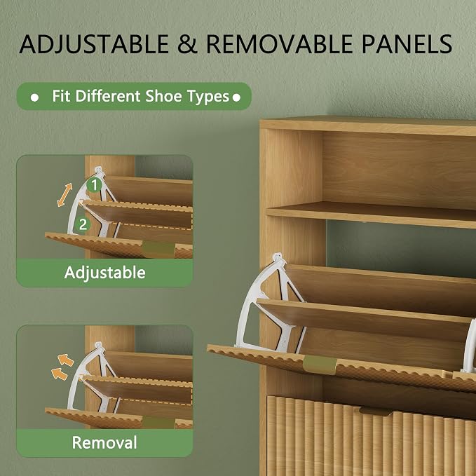 Xixini Shoe Cabinet with 4 Flip Drawers, 46" Tall Hidden Fluted Shoe Storage Organizer for Entryway, Narrow Slim Wooden Shoe Rack Cabinet for Front Door Entrance, Hallway, Living Room, Natural Oak
