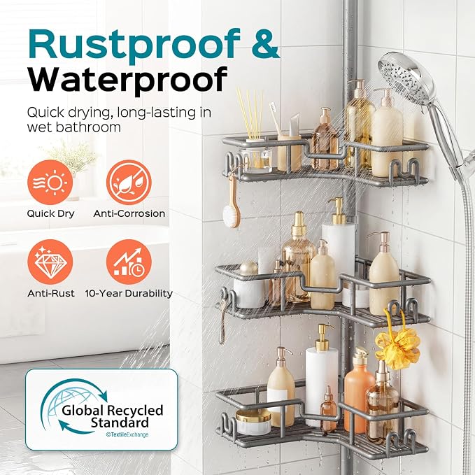 HAMITOR Adjustable Bathroom Storage, 4-Tier Tension Pole Shower Caddy, Gray | Rustproof Floor-To-Ceiling Tension Mounted Shampoo Organizer, No Drilling, Space-Saving Home Essentials For Renters 47-123in
