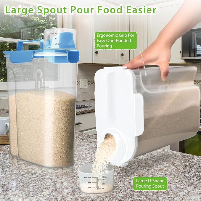 Viretec Rice Storage Container, 5 to 10lb Dry Food Airtight Dispenser, Pet Dog Cat Food Canister, BPA Free Clear Plastic Kitchen and Pantry Bin for Oatmeal, Cereal, Pasta, Flour Pack of 2 Blue