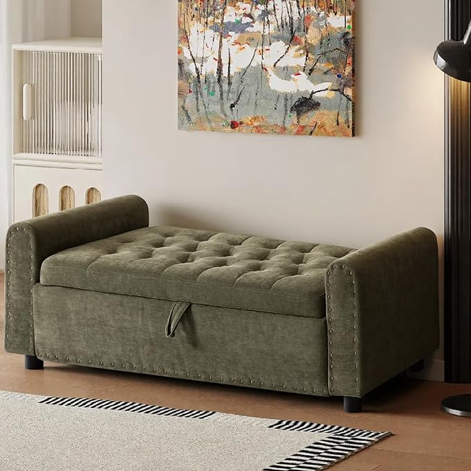 48" Ottoman with Storage, Tufted Storage Ottoman Bench, Convenient Living Room Fabrics Bench Seat, Entryway Shoe Benches with Inner Zipper & Arm, Upholstered Window Seat Ottomans with Rivets, Green
