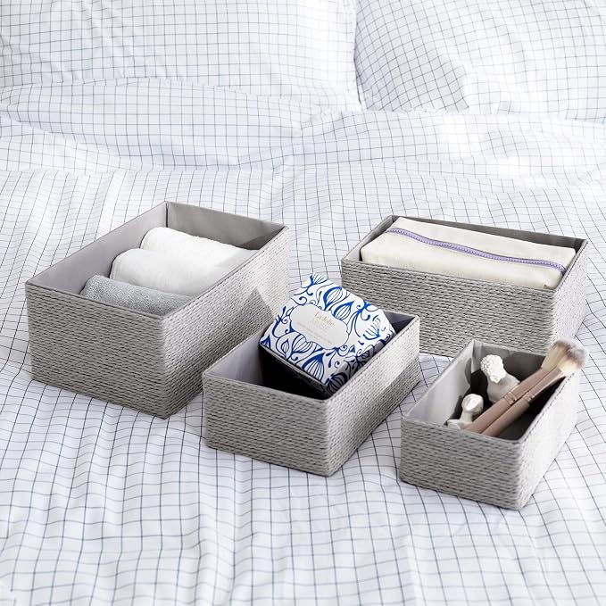 LA JOLIE MUSE Bathroom Basket Organizers, Paper Rope Storage, Grey 4 Pack | Stackable, Sturdy Lined Woven Basket, Organizer for Toilet Paper, Laundry Room Essentials, Shelves and Nightstand Drawers
