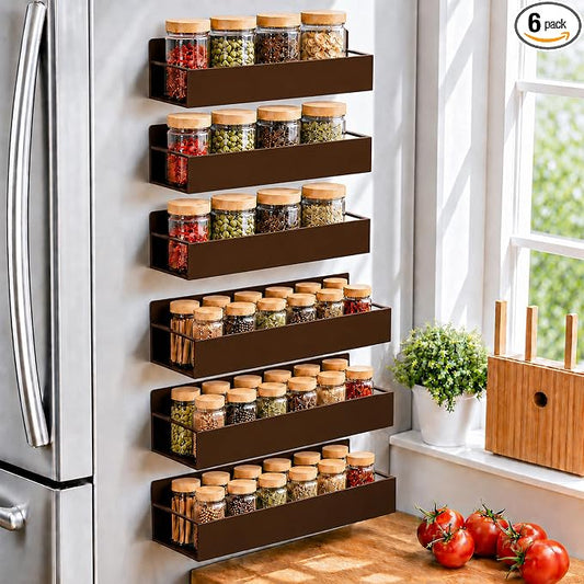 SMRCAD 6 Pack Metal Magnetic Spice Rack for fridge, Heavy Duty | Iron + Magnet | Holds 9 lbs per shelf | Full-back magnets | Screws included | Climate Pledge Friendly