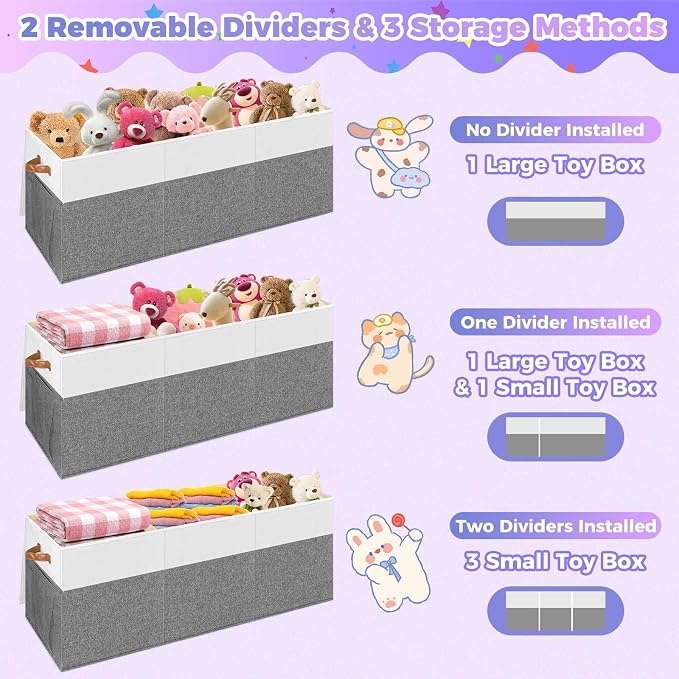 Extra Large Toy Box, Collapsible Toy Storage Chest with Lids, 40"X14"X16" | Sturdy Storage Organizer Bin with Divider for Kids, Boys, Girls, Playroom Bedroom Nursery Organization, White & Gray