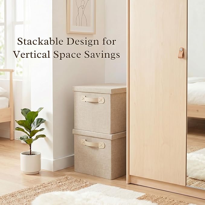 Fabric Storage Bins with Lids, Heavy Duty Collapsible Organizer Bins for Shelves, Stackable Closet Woven Baskets with Handles, 25L Rectangle Boxes for Bedroom Office, Cube Home Decor (Beige 2 Pack)