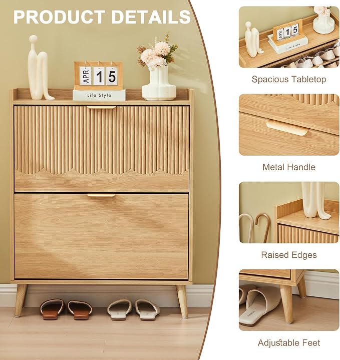 BERRYMERRY 30" Narrow Shoe Storage Cabinet with 2 Flip Drawers Natural | narrow,entryway,20 pairs shoe,shoe organize,hidden shoe rack,fluted panel,wave pattern,wood,space saving