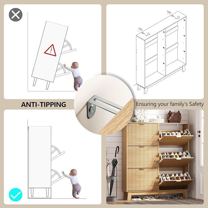 HUANLEGO Shoe Cabinet Storage for Entryway with 6 Flip Drawers, Fluted Narrow Shoe Organizer with Wooden Legs, Freestanding Slim Shoe Storage Hidden Shoe Rack Organizer for Front Door Entrance, Oak