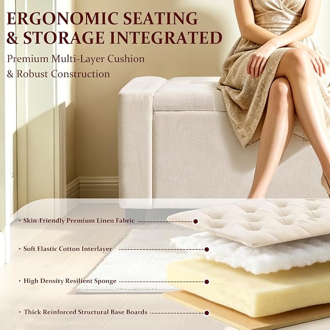 Royal Windsor 48" Ottoman with Storage,Tufted Storage Bench with Safety Hinge,Holds up to 350 lb,Upholstered Bench with Seating for Bedroom,Living Room,Entryway,Linen Beige