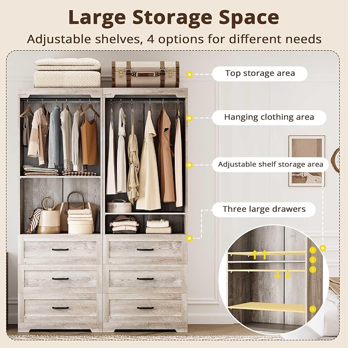 IRONCK Freestanding Closet System with Adjustable Shelves & 3 Drawers | Closet Organizer with Hanging Rod, Ideal for Bedrooms, Apartments and Small Closet Storage
