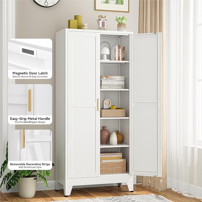 Bevivog Metal Kitchen Pantry Cupboard Cabinet, 71" White Storage Cabinets with 2 Doors and 4 Adjustable Shelves for Kitchen/Home Office/Dining Room/Living Room