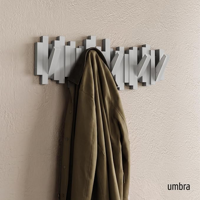 Umbra Sticks Wall Mount Coat Rack, 5 Hook Retractable Pegs, Grey | Mounting hardware included, sculptural modern design, entryway or bedroom use, recycled plastic