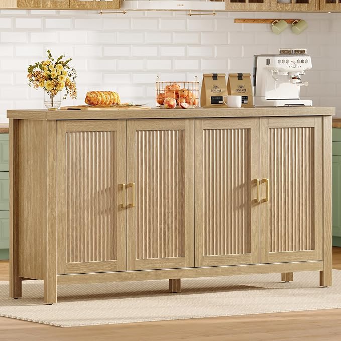 usikey 55" Buffet Cabinet with Storage, Large Sideboard Buffet Cabinet with 4 Adjustable Shelves, Modern Fluted Coffee Bar for Kitchen, Living Room, Natural
