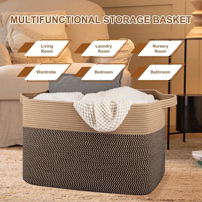 OIASKET 108L Cotton Rope Storage Basket for Living Room and Bedroom 25"x16"x16" Woven Laundry Basket, Heavy Duty Bin for Blankets, Pillows & Toys, Pet-Safe & Scratch-Free, Brown and Black