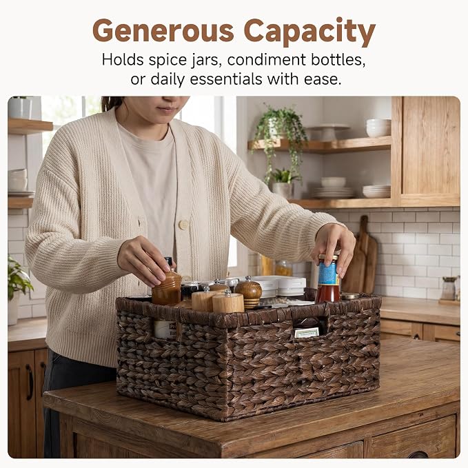 StorageWorks Large Storage Baskets for Shelves, Wicker Shelf Baskets for Organizing, Water Hyacinth Basket with Handles, Decorative Storage Basket for Toy, Pantry Organizers