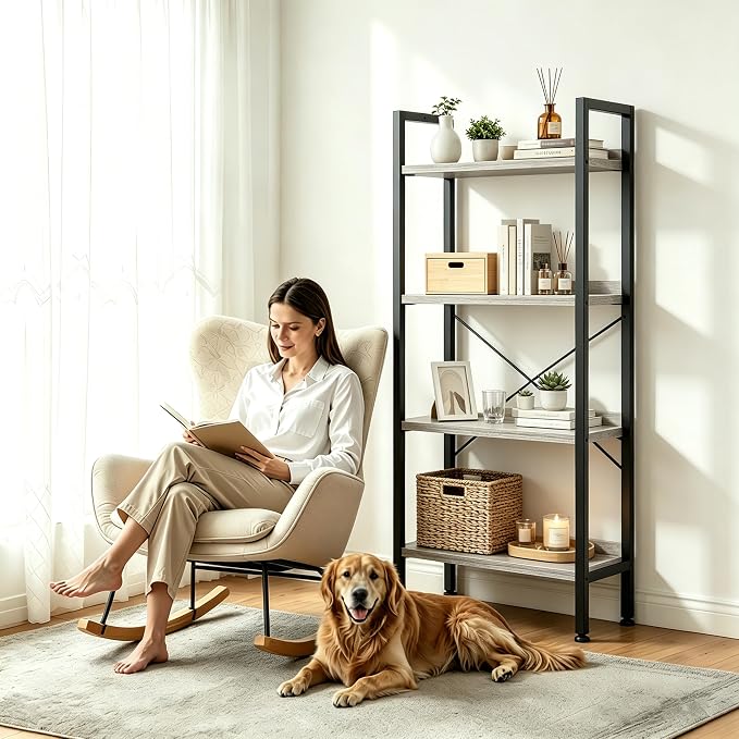 HealSmart 4 Tier Bookshelf, Free Standing Book Shelf Home Office Bookcase Shelf Storage Organizer for Bedroom, Bathroom, Living Room, Office, Balcony, Gray Wood