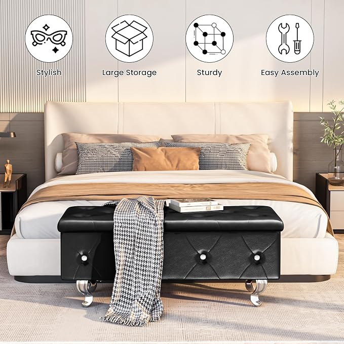 Recaceik Ottoman with Storage, Small Upholstered Storage Bench for Bedroom, Ottoman Bench with Legs for Living Room, End of Bed, Entryway, Window, Black