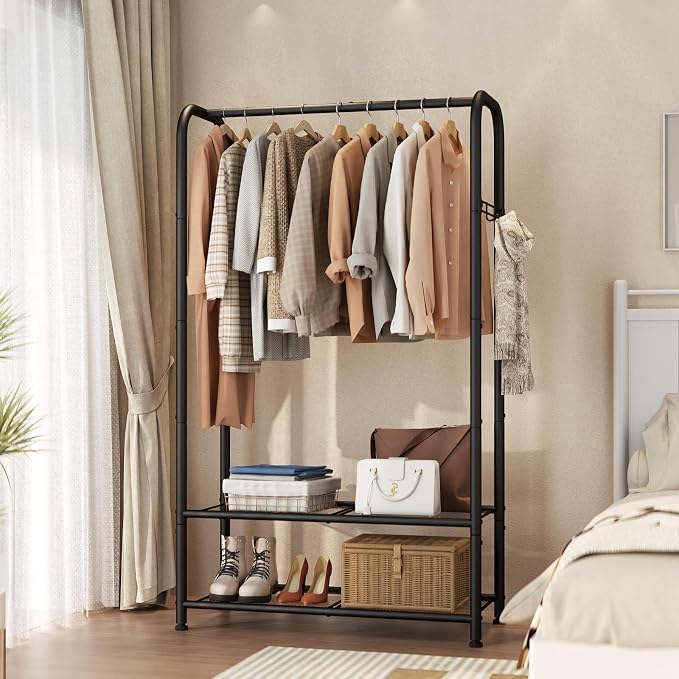 SINGAYE Wardrobe Standing Closet Clothing Rack With Shelf Hanging Clothes | Wardrobe Open Compact Small Metal Garment Hanger Stand Alone Free Standing Black Closet Rack Storage Organizer Heavy Duty