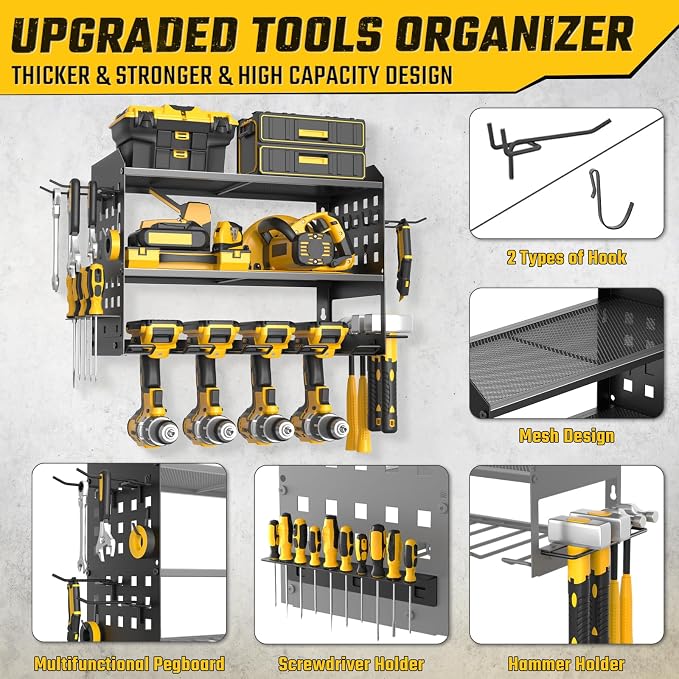 SUNALLY Power Tool Organizer, Wall Mount Garage Tools Storage Rack, Black | Metal Tool Storage Rack with 4 Drill Holders, Heavy Duty Power Tool Shelf for Garage,Warehouse,Workshop, Gift for Men,Husband