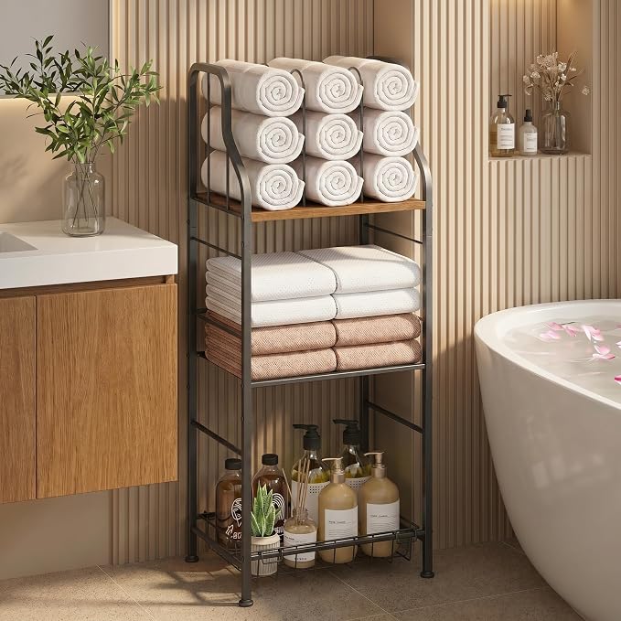 SWTYMIKI Free Standing Towel Rack - 3 Tier M-Shaped Detachable Dividers Towel Shelf for Bathroom, Durable Metal Pool Towel Holder, Modern Space-Saving Bath Towel Storage Organizer