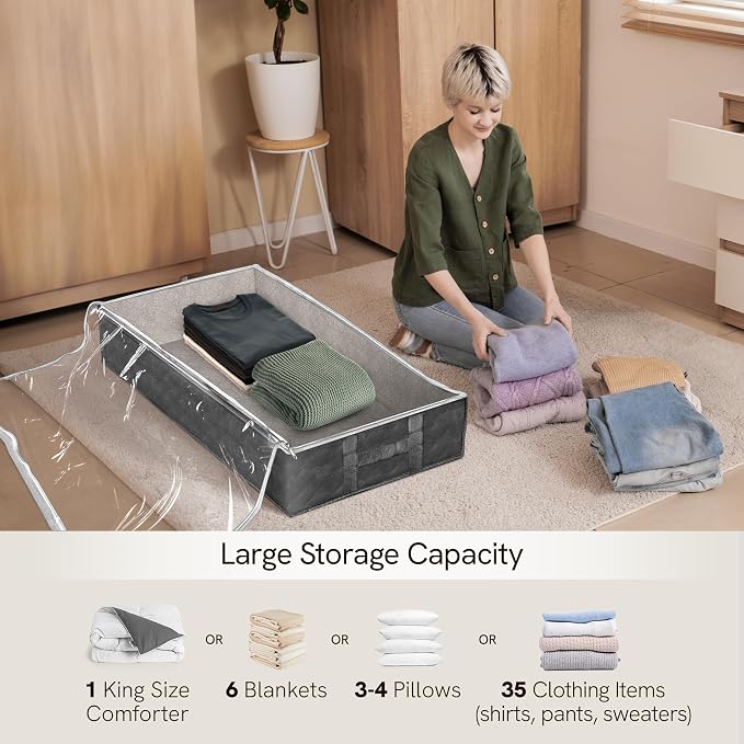 Reli. 90L Under Bed Storage with Clear Window, 8 Pack | Closet Storage Bins | Large underbed storage bags with clear window, gray, dual zippers, 90L, 39x20x7, flat storage bins with lids, handles