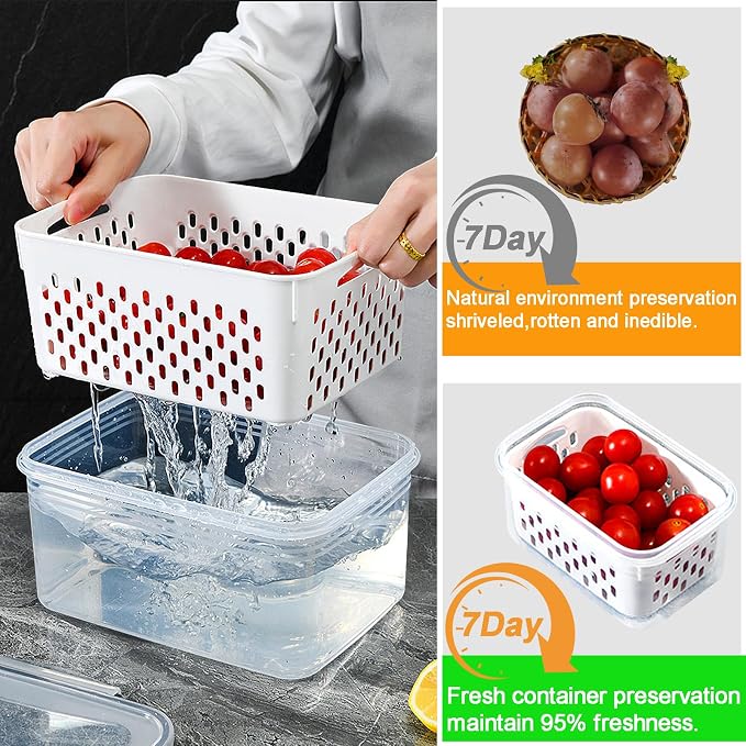Fruit Storage Containers for Fridge with vent holes and handle，Airtight Food Storage Containers Keep Fruits, Vegetables, Berry, Meat Fresh longer,BPA-free Fridge Storage Container with Lid (3 Pack)