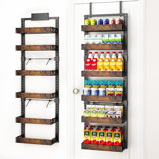 BUKFEN 6-Tier Over the Door Pantry Organizer, 2-in-1 Door Hanging or Wall Mounted Spice Rack with Adjustable Wooden Baskets, Heavy Duty Metal Storage Shelf, 12 Hooks for Kitchen, Bathroom, Closet