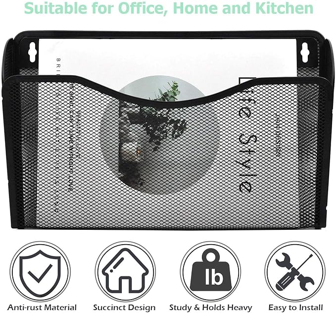 EASEPRES 3 Single Pocket Mesh Hanging File Organizer, Vertical Wall Mounted Magazine File Holder, Mount Basket Mail Paper Document Folder Organizing for Office, Home and School, Black