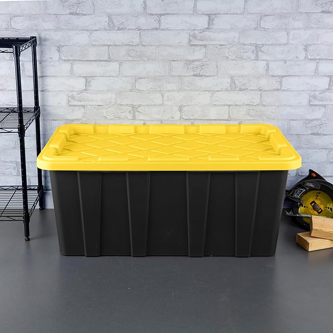 Sterilite 4-Pack Industrial Tote, Plastic Storage Container Bins with Lids, 38 Gallon - Heavy-Duty Organizing Containers for Closet, Bathroom, and Office | Heavy-Duty and Stackable Utility Box Containers for Home, Office, and Basement Organization, Bla...