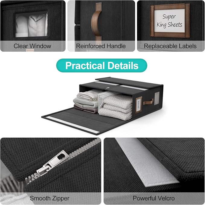 4 Pack Foldable Bed Sheets Set Organizers and Storage(Cal King Size),Linen Fabric Closet Organizers with Window,Folding Bedding Storage Box for Bedsheets and Pillow Cube Organizer-Black
