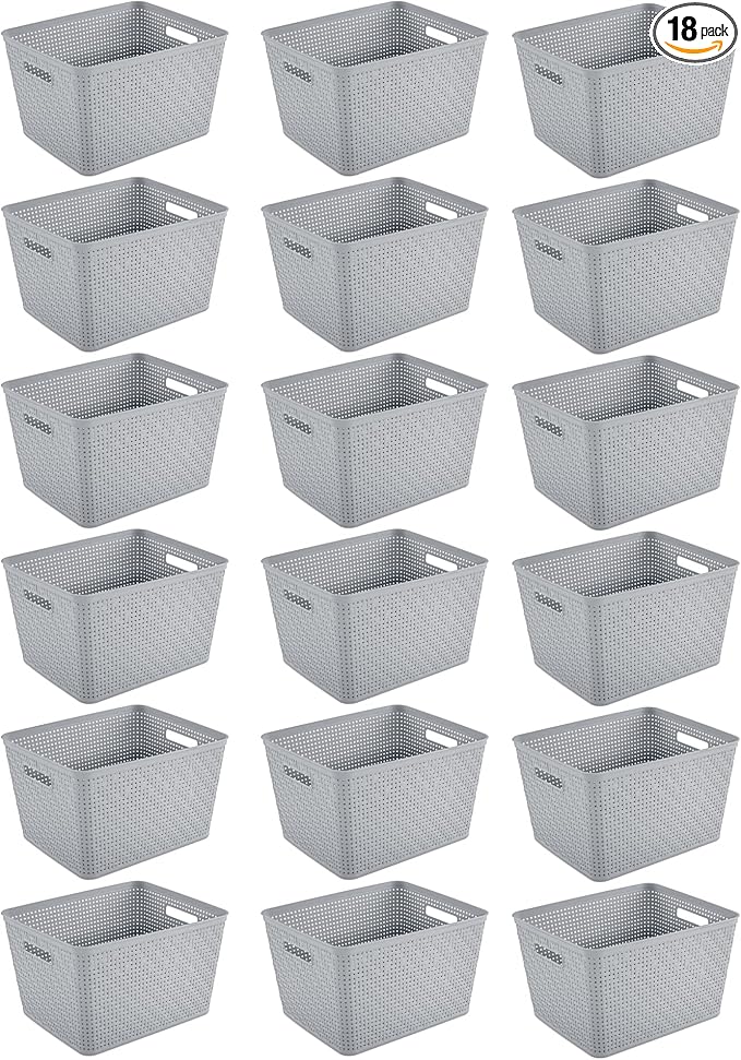 Sterilite 18 Pack Plastic Storage Bin Organization Containers, Tall Baskets, Cement