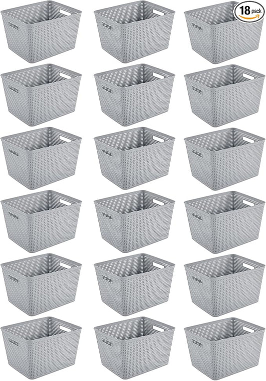 Sterilite 18 Pack Plastic Storage Bin Organization Containers, Tall Baskets, Cement