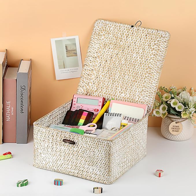 Hipiwe Wicker Shelf Basket Bin Square Handwoven Seagrass Storage Basket with Lid Home Organize Box for Bookshelf Living Room Bath Room Multipurpose Basket Container, Whitewash Large