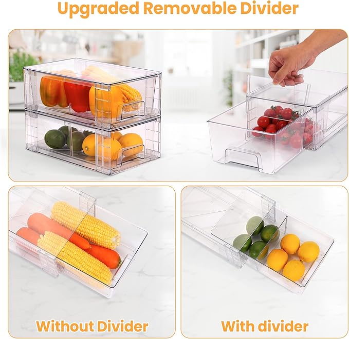 6 Pack Stackable Storage Drawers,Plastic Organizers Bins, Drawers Storage with Handles and Movable Dividers for Organization and Storage in Fridge,Bathroom, Pantry, Kitchen Cabinets, Under Sink