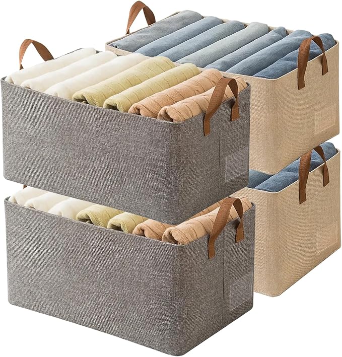 AARAINBOW 4 Pcs Closet Clothes Organizer with Handle, Closet Shelf Fabric Storage Box Steel Frame, Stackable Shelf Storage Baskets Foldable Wardrobe Storage Box for Clothes Pants, 23L (2 Gray 2 Beige)