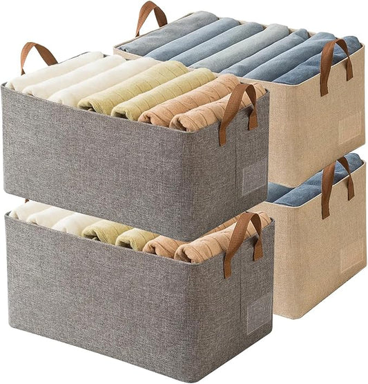 AARAINBOW 4 Pcs Closet Clothes Organizer with Handle, Closet Shelf Fabric Storage Box Steel Frame, Stackable Shelf Storage Baskets Foldable Wardrobe Storage Box for Clothes Pants, 23L (2 Gray 2 Beige)