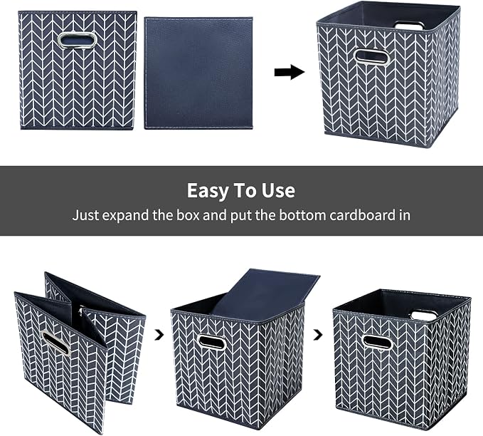 11 Inch Cube Storage Bins , Fabric Cube Organizer Bins with Handle, Foldable Cube Bins for Cloth or Accessary Storage, 11x11x11 Set of 3 (Gray Wave)