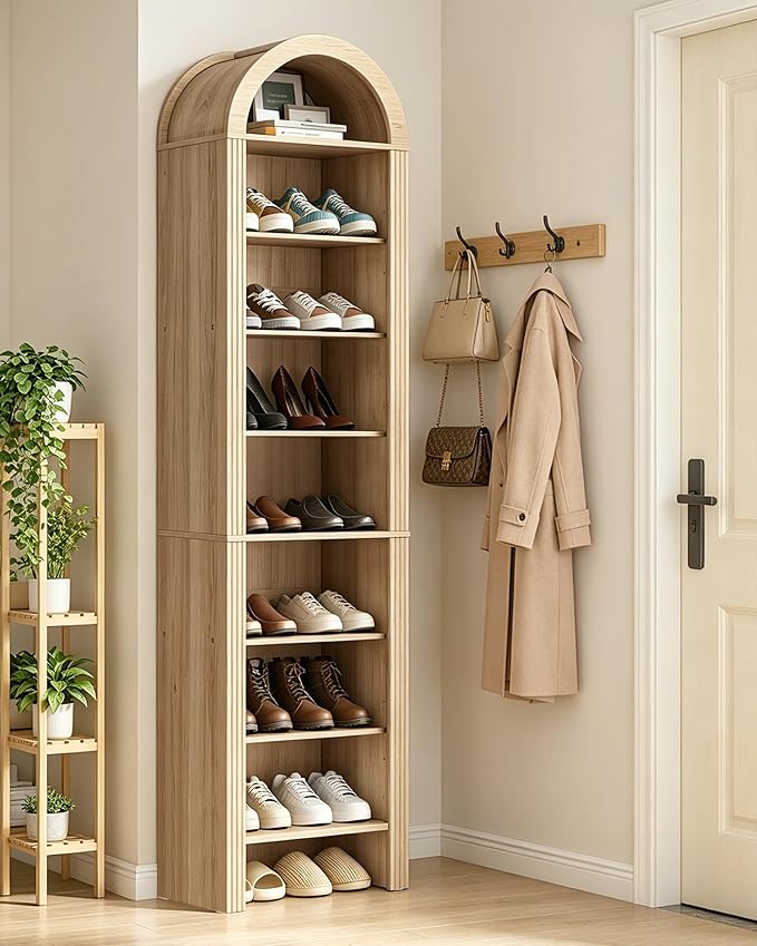 71" Tall Arched Shoe Cabinet, 8-Tier Shoe Storage Cabinet, Shoe Rack with 3 Adjustable Shelves, Freestanding Shoe Organizer for Entryway, Foyer, Hallway, and Living Room, Natural MSC04NL
