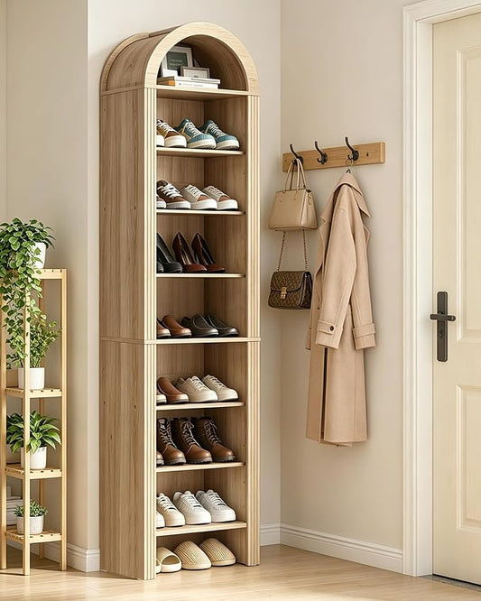 71" Tall Arched Shoe Cabinet, 8-Tier Shoe Storage Cabinet, Shoe Rack with 3 Adjustable Shelves, Freestanding Shoe Organizer for Entryway, Foyer, Hallway, and Living Room, Natural MSC04NL