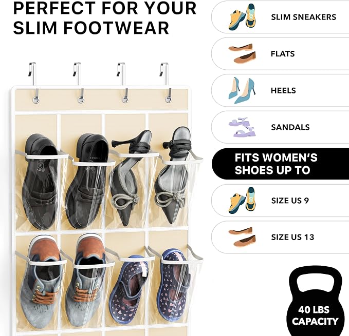 Simple Houseware 24 Pockets Clear Over the Door Shoe Organizer, Beige | 64" x 19", 4 Durable Metal Hooks, 4.3" x 9.5" Pocket Size, Multipurpose
