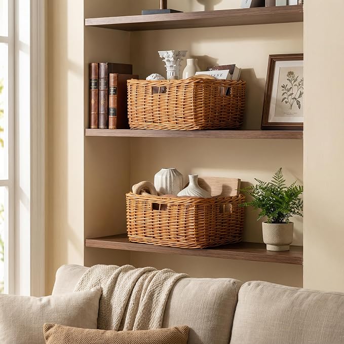 StorageWorks Pantry Baskets, Willow Storage Baskets for Organizing, Shelves, Pantry Organizers and Storage, Light Brown, 16 ½"L x 13" W x 7 ½"H