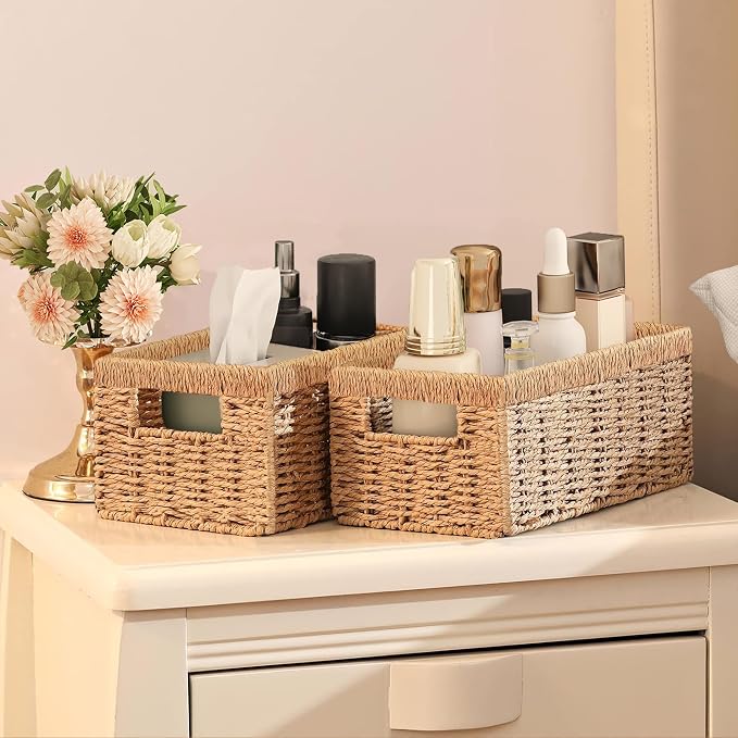Wicker Storage Basket, Set of 2 Toilet Paper Storage Basket, Paper Rope Toilet Organizer Basket for Countertop, Storage Basket for Over Toilet Shelf, Decorative Storage Bins for Home Decor, Natural
