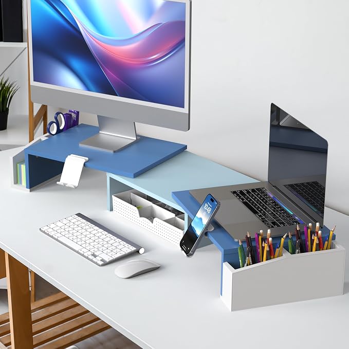 Simple Houseware Desk Dual Monitor Stand Riser with Drawer, Blue | Customizable Organizer Tray, Built-In Phone & Tablet Slot and Side Storage