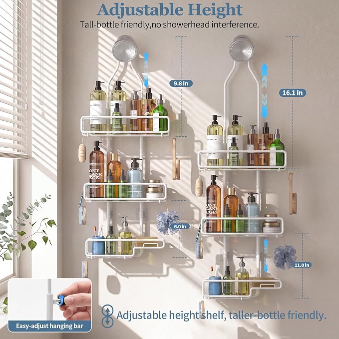 Skyapex Shower Caddy Hanging Bathroom Organizer: Over Head Adjustable Rack for Tall Showerhead - Extra Large Storage Shelf for Big Shampoo Bottles with Soap Holder (White)