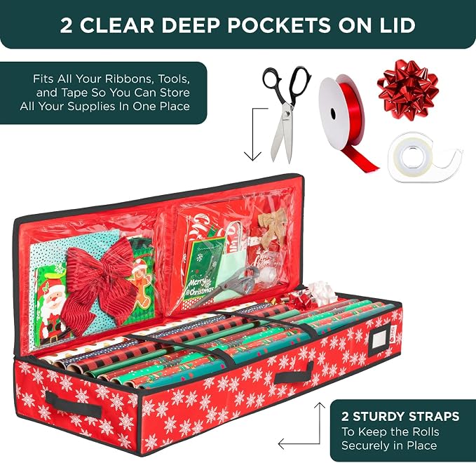 HOLDN’ STORAGE Premium Wrapping Paper Storage Container, Red w/Snowflakes | Durable 600D Tear-Proof, Fits 27 Rolls Gift Wrap, Extra Pockets for Ribbons & Bows, Underbed Storage