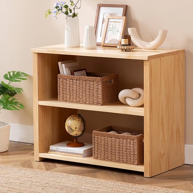 UBBCARE 4 Pack Wicker Basket, 13.4L×8.3H×7.1W inch Woven Paper Rope Storage Baskets for Shelves, Foldable Rectangular Storage Baskets with Handle, Storage Basket for Organizing, Caramel