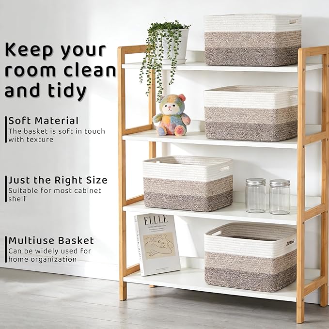 4 Pack Storage Baskets for Organizing, 11''Lx9''Wx8''H Woven Baskets for Storage Toys, Towels, Books, and Clothes, Cotton Rope Basket for Shelves with Handle